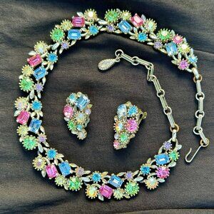 Vintage Signed Lisner Demi Parure Fruit Salad Rhinestone Necklace / Earrings